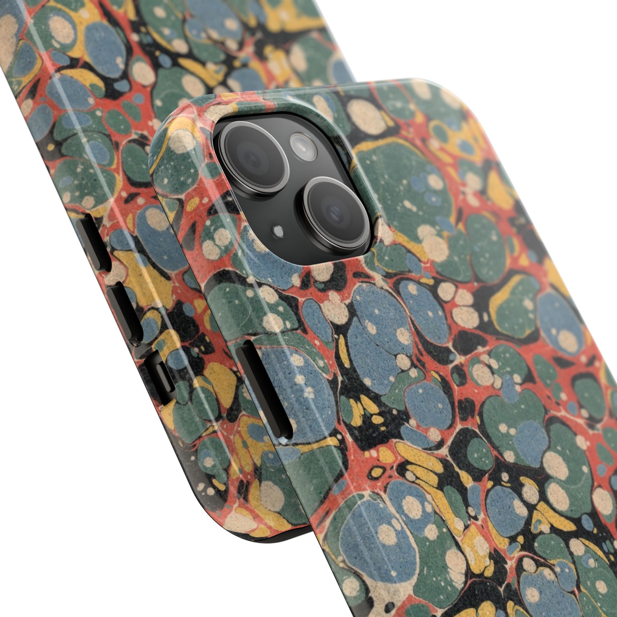 18th C. Marbled Paper Phone Case - Blue, Orange & Black - Image 62