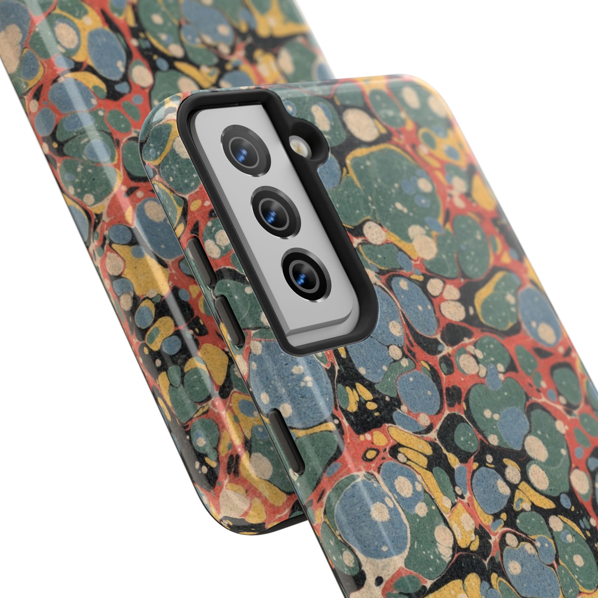18th C. Marbled Paper Phone Case - Blue, Orange & Black - Image 82