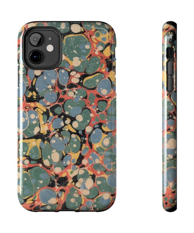 18th C. Marbled Paper Phone Case - Blue, Orange & Black