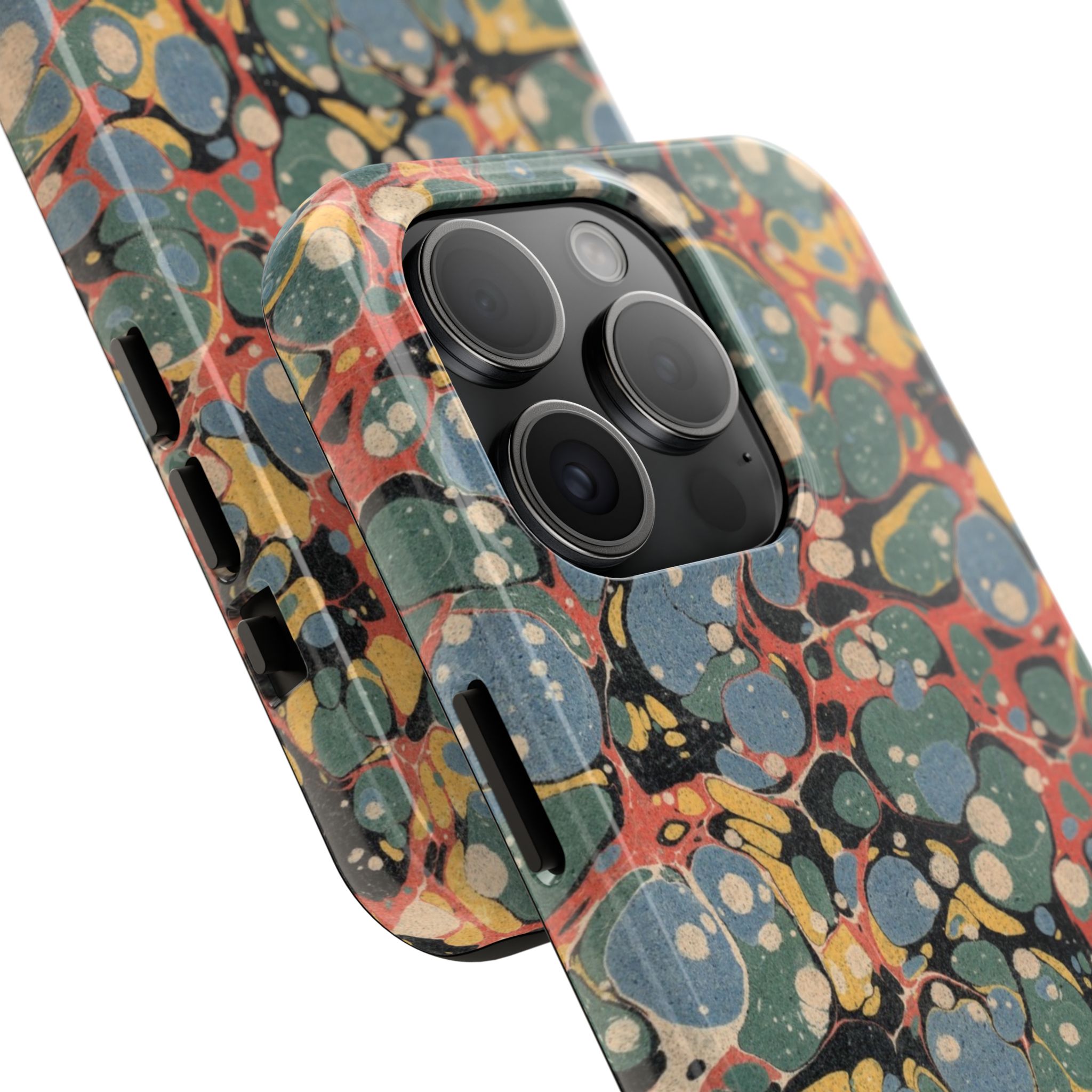 18th C. Marbled Paper Phone Case - Blue, Orange & Black - Image 58